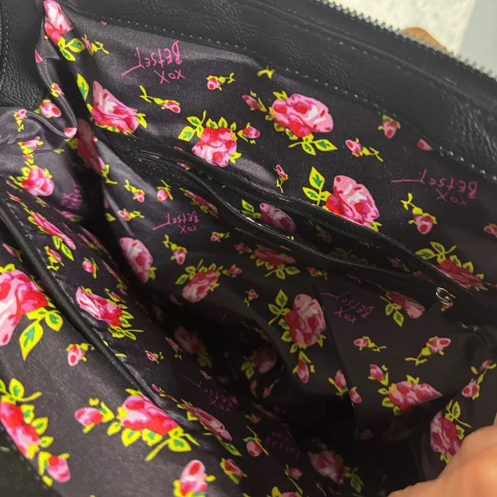 Betsey Johnson Black Quilted Floral Heart Backpack Satchel Bag